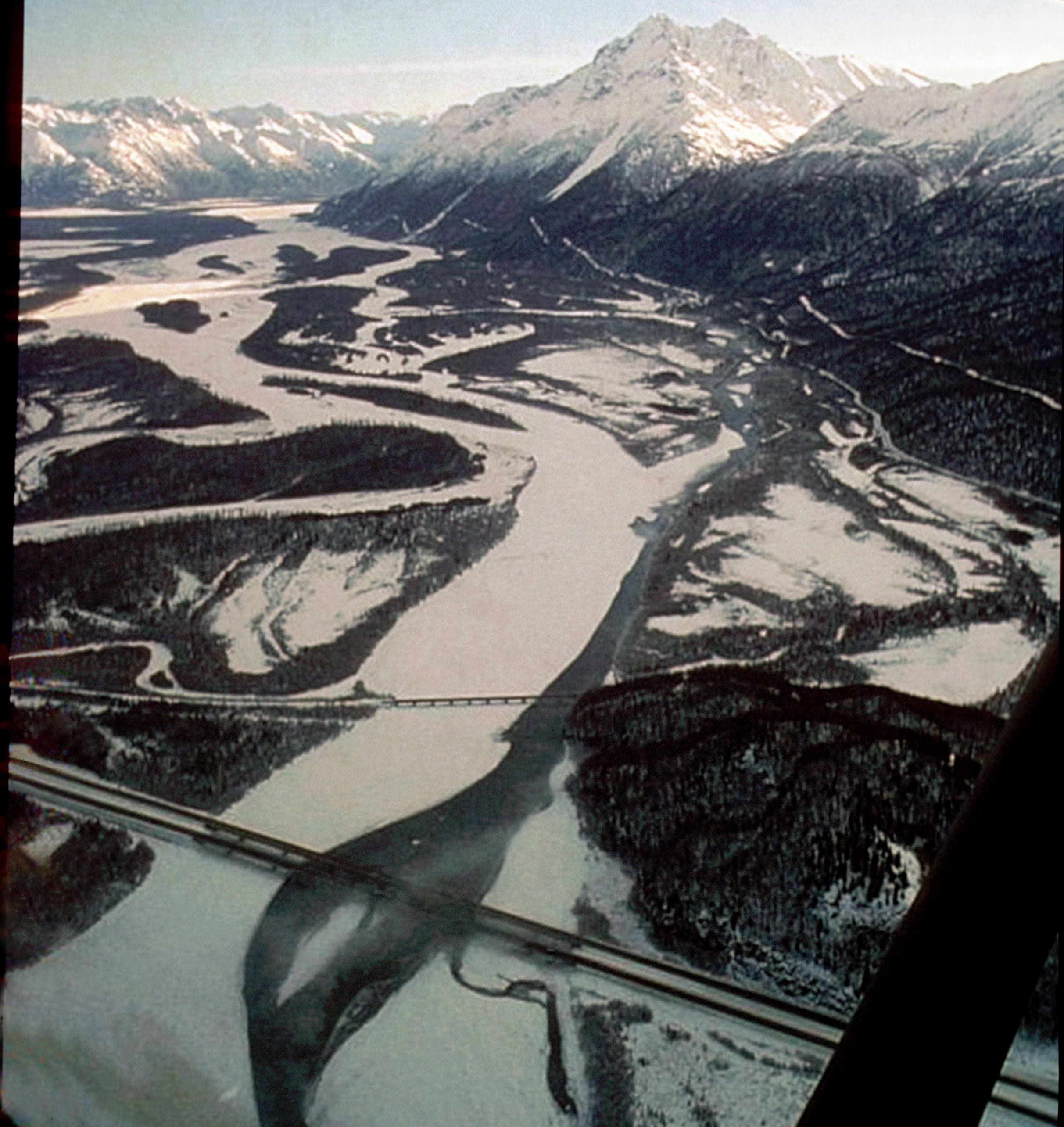 Aerial view of Pioneer Peak and the Chugach Mountains above the Knik River Valley