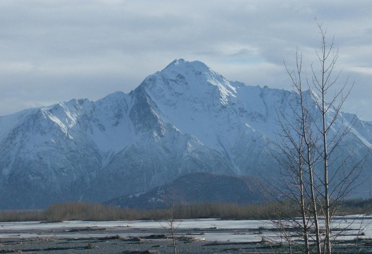 Pioneer Peak viewed from the north with the Matanuska River and Bodenburg Butte